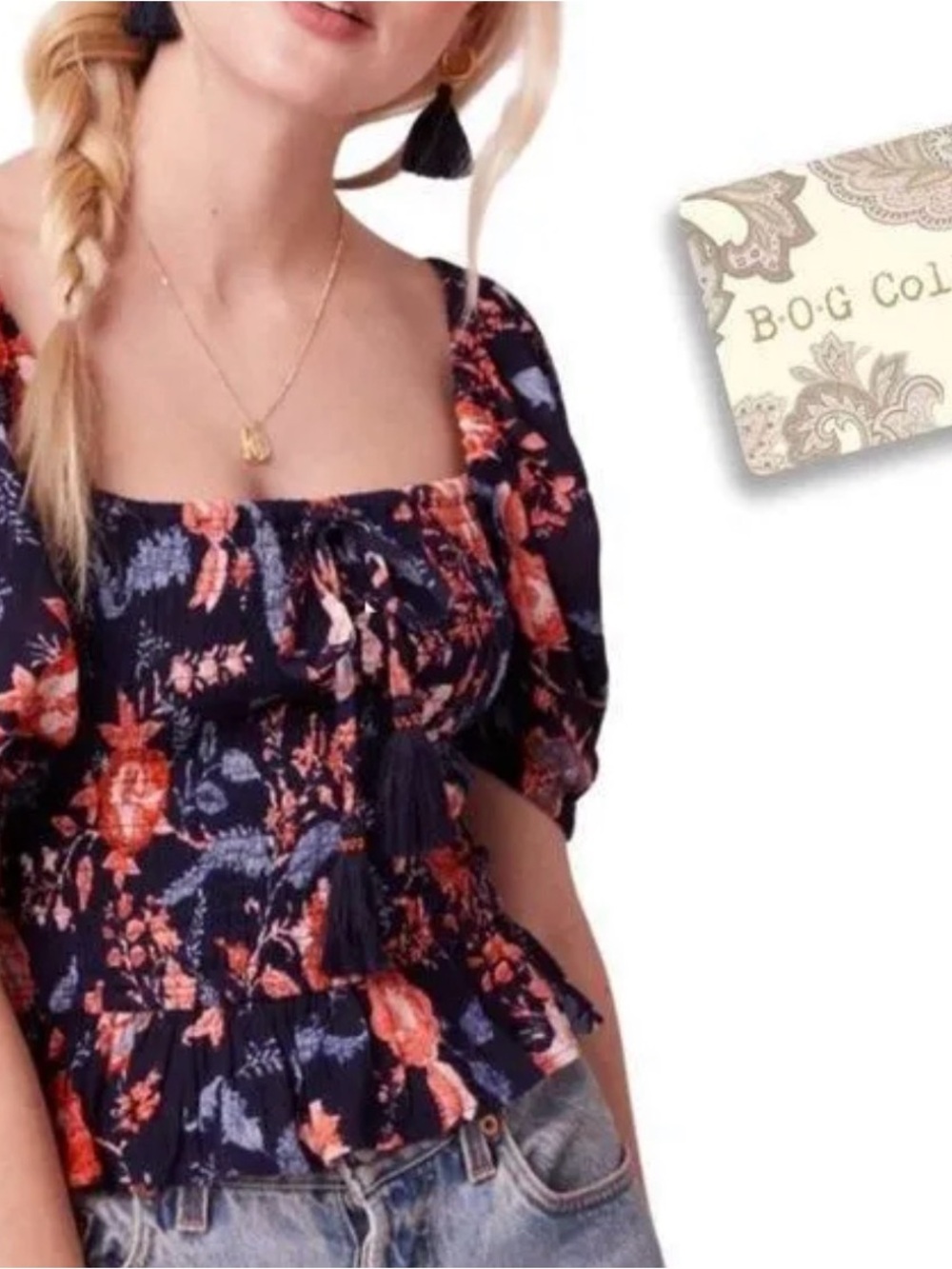 BOG Collective Women’s Navy Floral Square-Neck Peplum Top